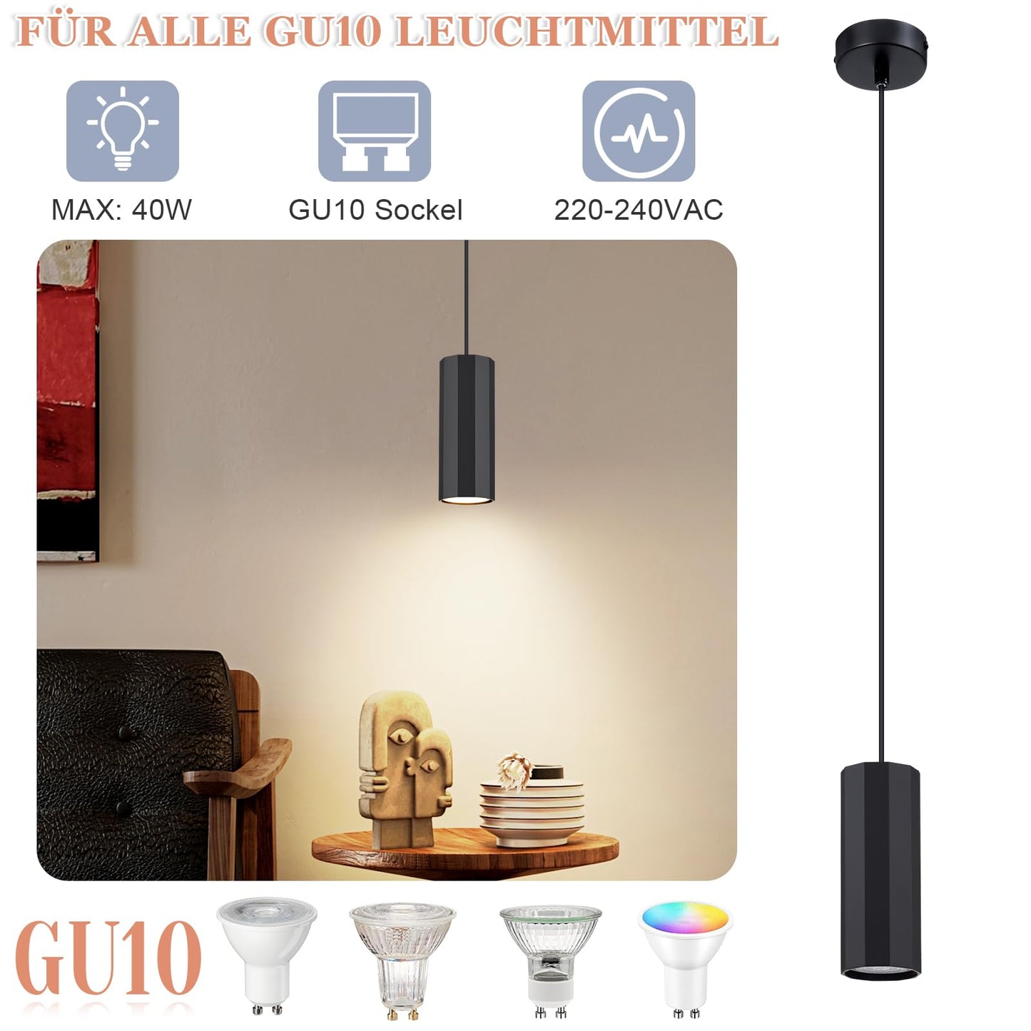 ZMH Pendelleuchte Schwarz 1 Flammig Hängelampe - Pendellampe GU10 Wohnzimmer Modern Industrial Esszimmerlampe Hängend Metall Hängeleuchte für Esszimmer Innen Küche Schlafzimmer