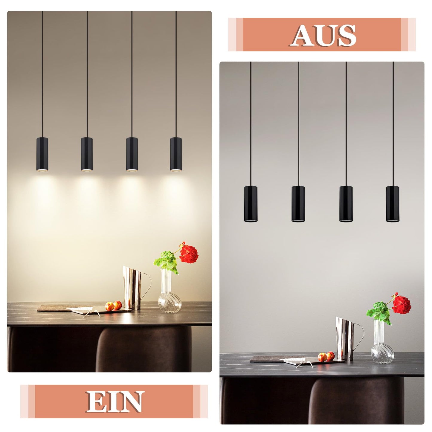 ZMH Hängelampe Esstisch Schwarz 4 Flammig - Pendelleuchte GU10 Wohnzimmer Industrial Esszimmerlampe Hängend Metall Modern Hängeleuchte für Innen Küche Schlafzimmer