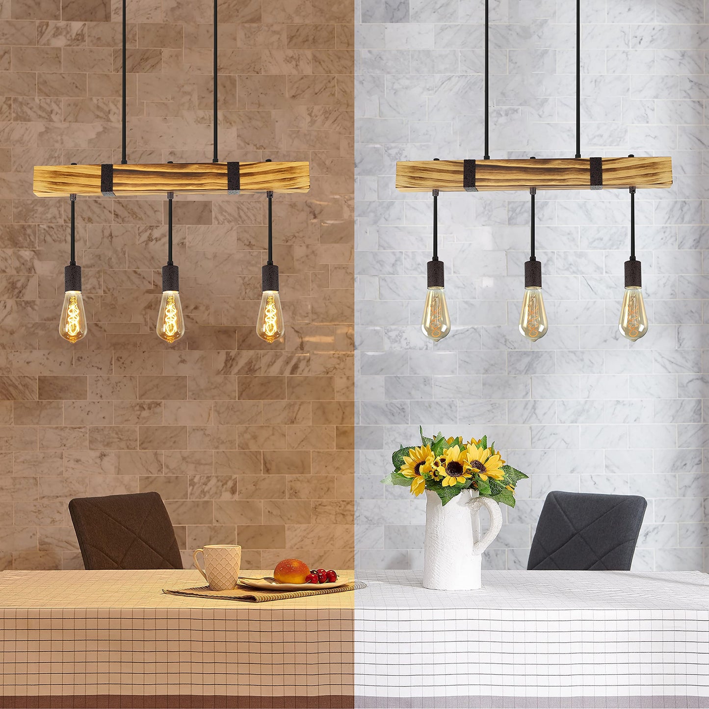 ZMH Pendelleuchte Esstisch aus Holz Vintage Hängelampe Retro Esszimmerlampe in 61CM Holzbalken - 3 x E27 max. 25W - Höhenverstellbar Industrial Pendellampe für Restaurant Bar Esszimmer Wohnzimmer