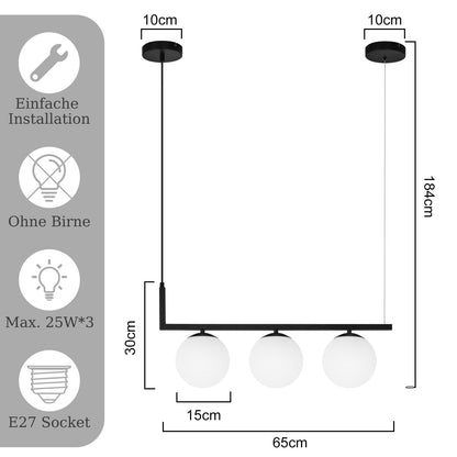 ZMH Pendelleuchte E27 Esszimmerlampe Glaskugel - Pendellampe 3 Flammig Esstisch Schwarz Esstischlampe Vintage Hängelampe Metall Hängeleuchte Höhenverstellbar Wohnzimmer Esszimmer Küche Flur