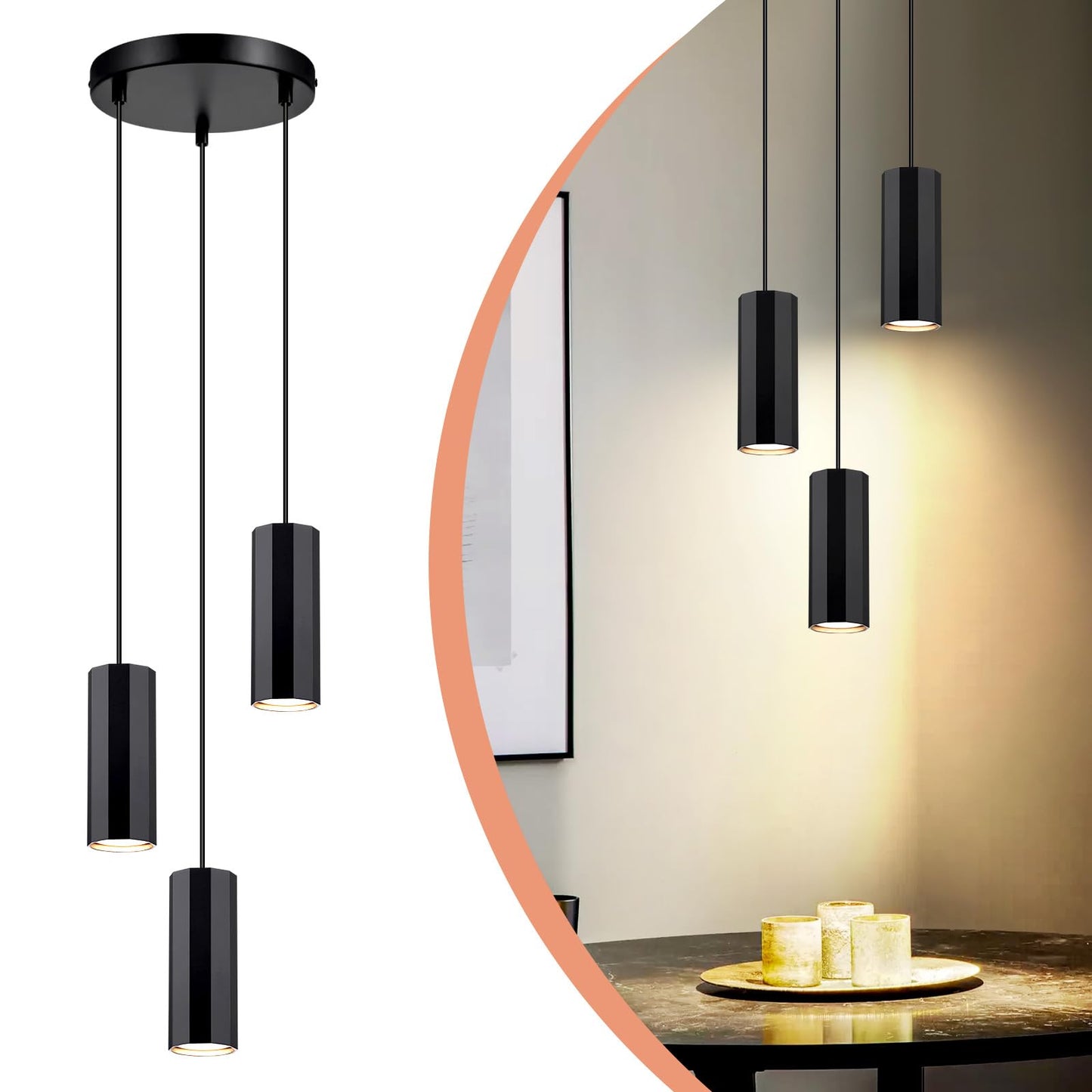 ZMH Hängeleuchte Esstisch Schwarz 3 Flammig - Hängelampe GU10 Wohnzimmer Pendelleuchte Modern Esszimmerlampe Hängend Metall Industrial für Innen Küche Schlafzimmer