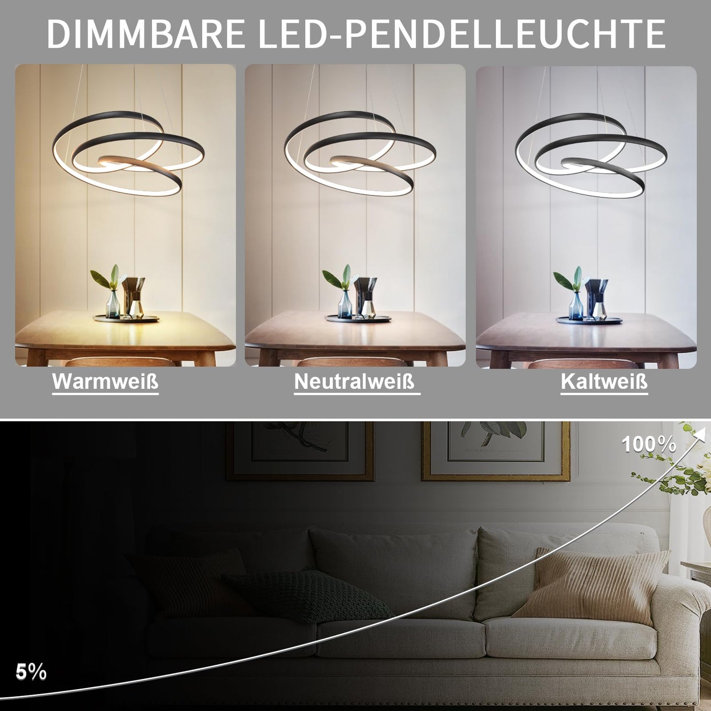 ZMH Hängelampe Esstisch Pendelleuchte Schwarz - LED Esstischlampe 55W Hängeleuchte Dimmbar 50CM Esszimmerlampe Modern Pendellampe mit Fernbedienung Wohnzimmerlampe Hängend für Wohnzimmer Schlafzimmer