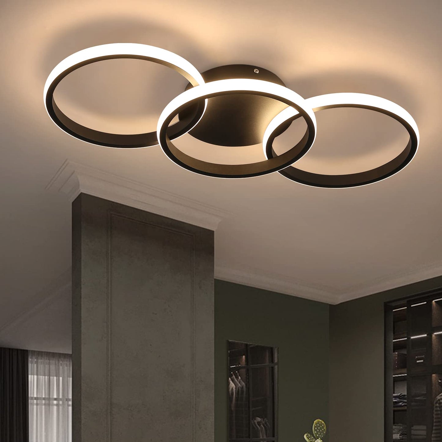 ZMH Deckenlampe Schwarz LED Deckenleuchte Wohnzimmer - Deckenlampe Flur Modern Design mit 3 Metall Ringe 3000K Warmweiße Küchenlampe - 36W Schlafzimmerlampe Wohnzimmerlampe