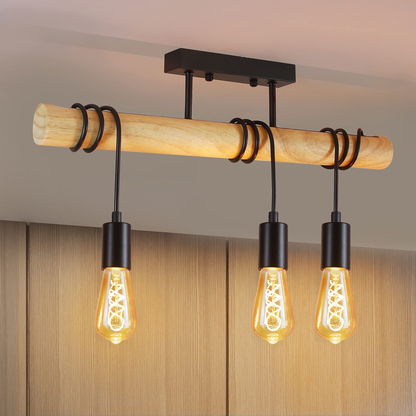 ZMH Vintage Deckenleuchte Retro Deckenlampe Holz - E27 Wohnzimmerlampe Hängend Schwarz mit 3 Flammig im Industrial Design aus Metall für Wohnzimmer Schlafzimmer Küche Flur - Ohne Leuchtmittel