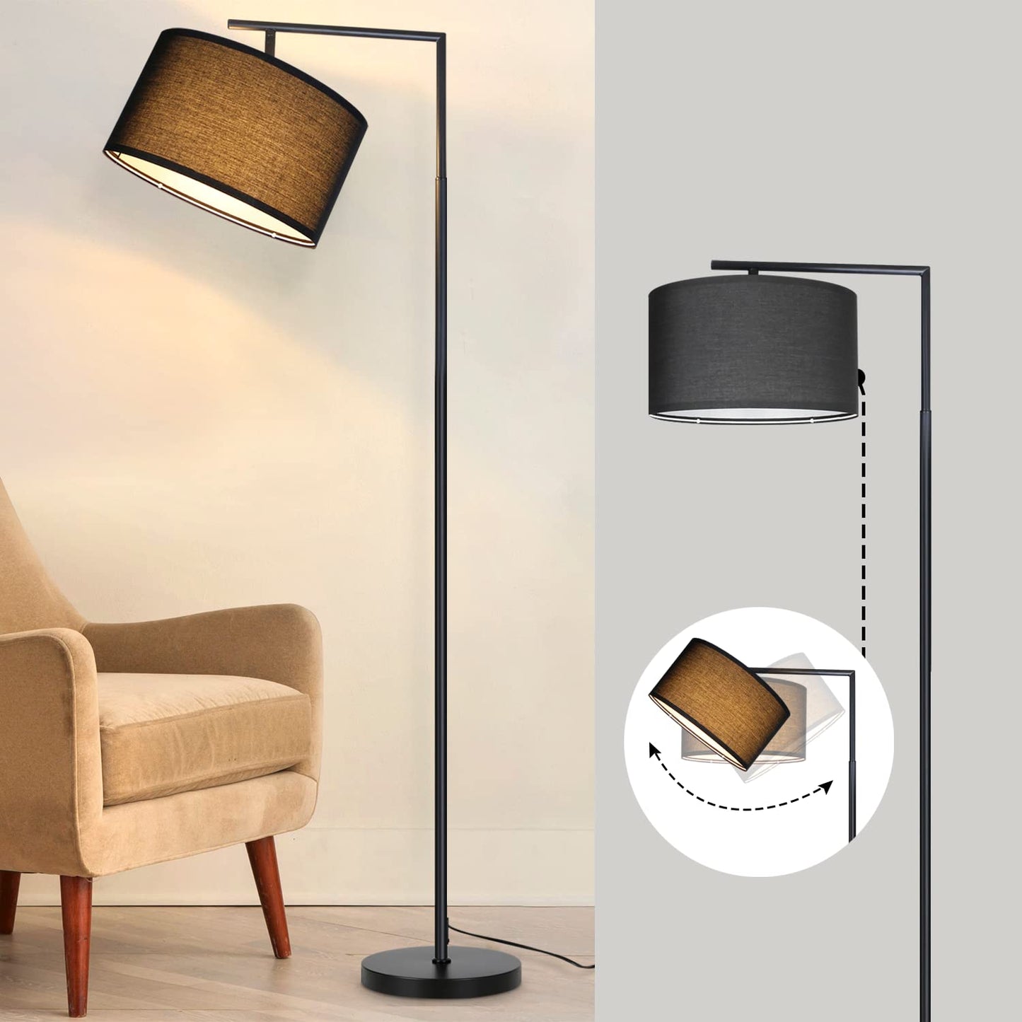 ZMH Stehlampe Wohnzimmer Schwarz Stehleuchte: Modern Standleuchte Stoff Design Deko Bogenlampe E27 Fassung Leselampe Max. 40W Wohnzimmerlampe mit Fußschalter Bettlampe 166cm Ohne Leuchtmittel