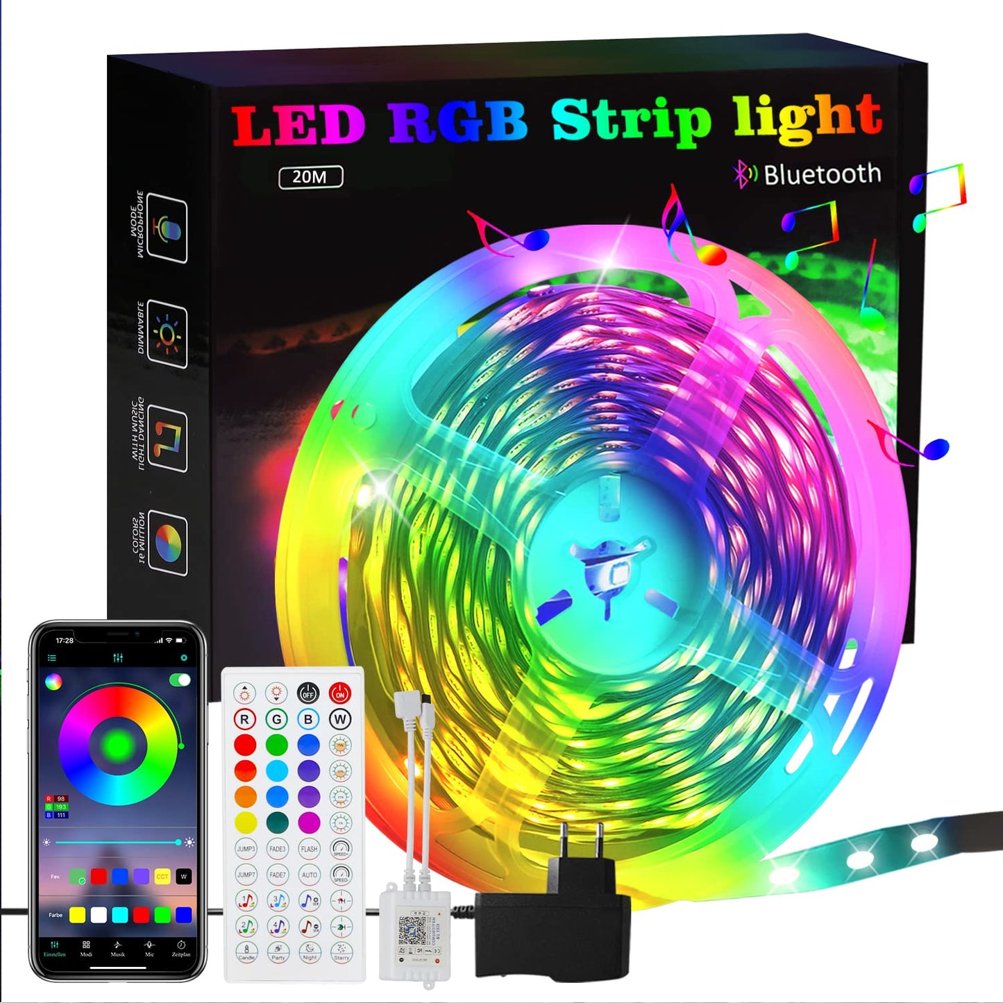 ZMH RGB LED Strip 20m: 16 Mio Selbstklebend Streifen APP Steuerung Bluetooth Licht Bänder mit Fernbedienung Dimmbar Lichtleiste TV Hintergrundbeleuchtung Musik Sync für Party Valentinstag Deko