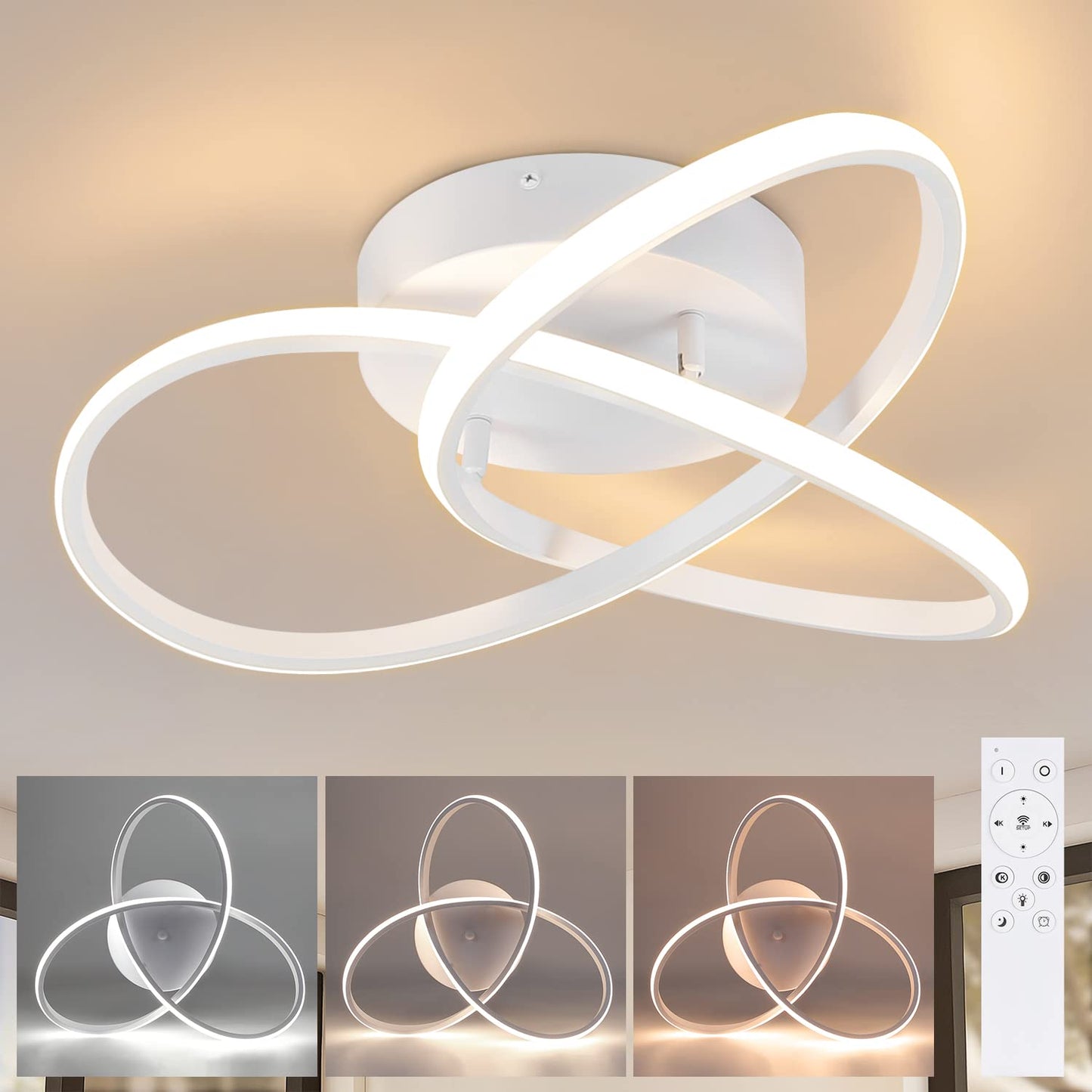 ZMH LED Deckenlampe Dimmbar Deckenleuchte - 33W Schlafzimmerlampe Modern mit Fernbedienung Wohnzimmerlampe Weiss - 40CM Geometrie Design Lampe für Wohnzimmer Schlafzimmer Küche Flur Studio