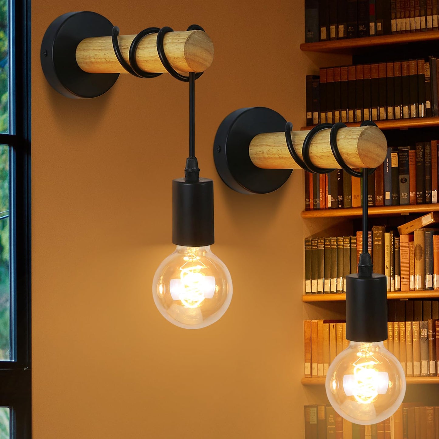 ZMH 2 Stück Wandleuchte Innen Wandlampe Holz: Vintage Wandstrahler Schwarz Retro Industrial Wandbeleuchtung Schlafzimmer E27 Rustikal Design Wandspot für Wohnzimmer Flur - Ohne Leuchtmittel