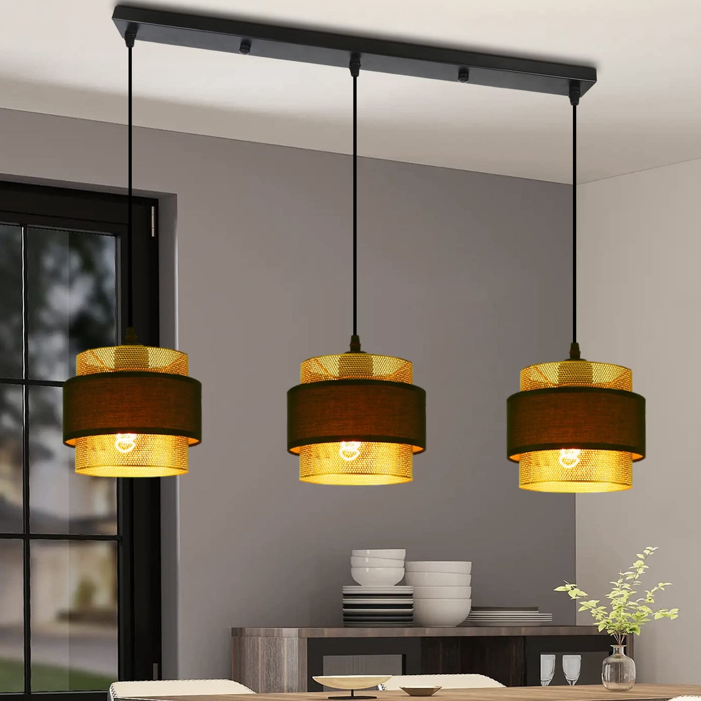 ZMH Pendelleuchte Esstisch Hängelampe Vintage - Hängeleuchte Retro mit 3 flammig Schwarz Gold Esstischlampe Industrial Pendellampe Hängend E27 Max.25W für Küche Esszimmer - Ohne Glühbirne