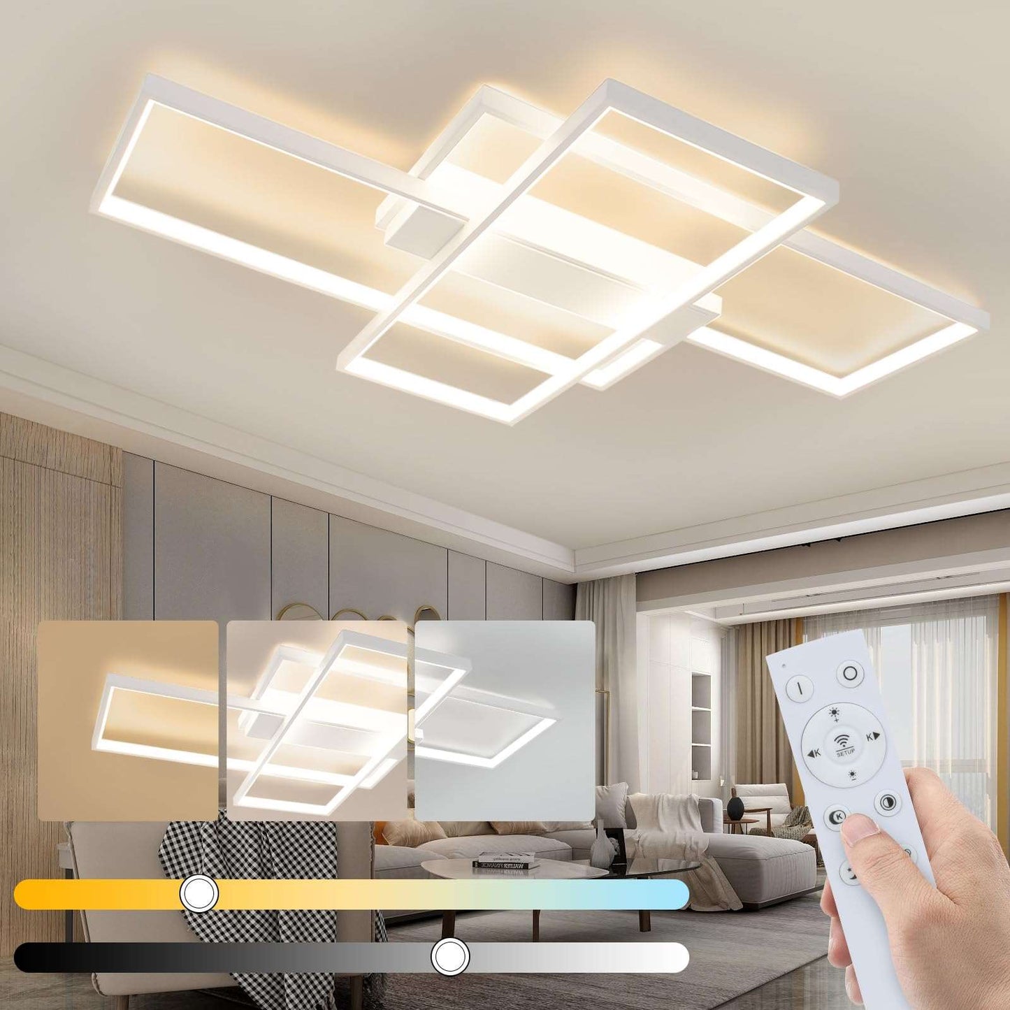 ZMH Deckenlampe LED Deckenleuchte Wohnzimmerlampe - 100cm Schlafzimmerlampe Dimmbar mit Fernbedienung 88W Wohnzimmer Deckenbeleuchtung Modern Küchenlampe Groß Weiß für Schlafzimmer Esszimmer Küche [Energieklasse G]