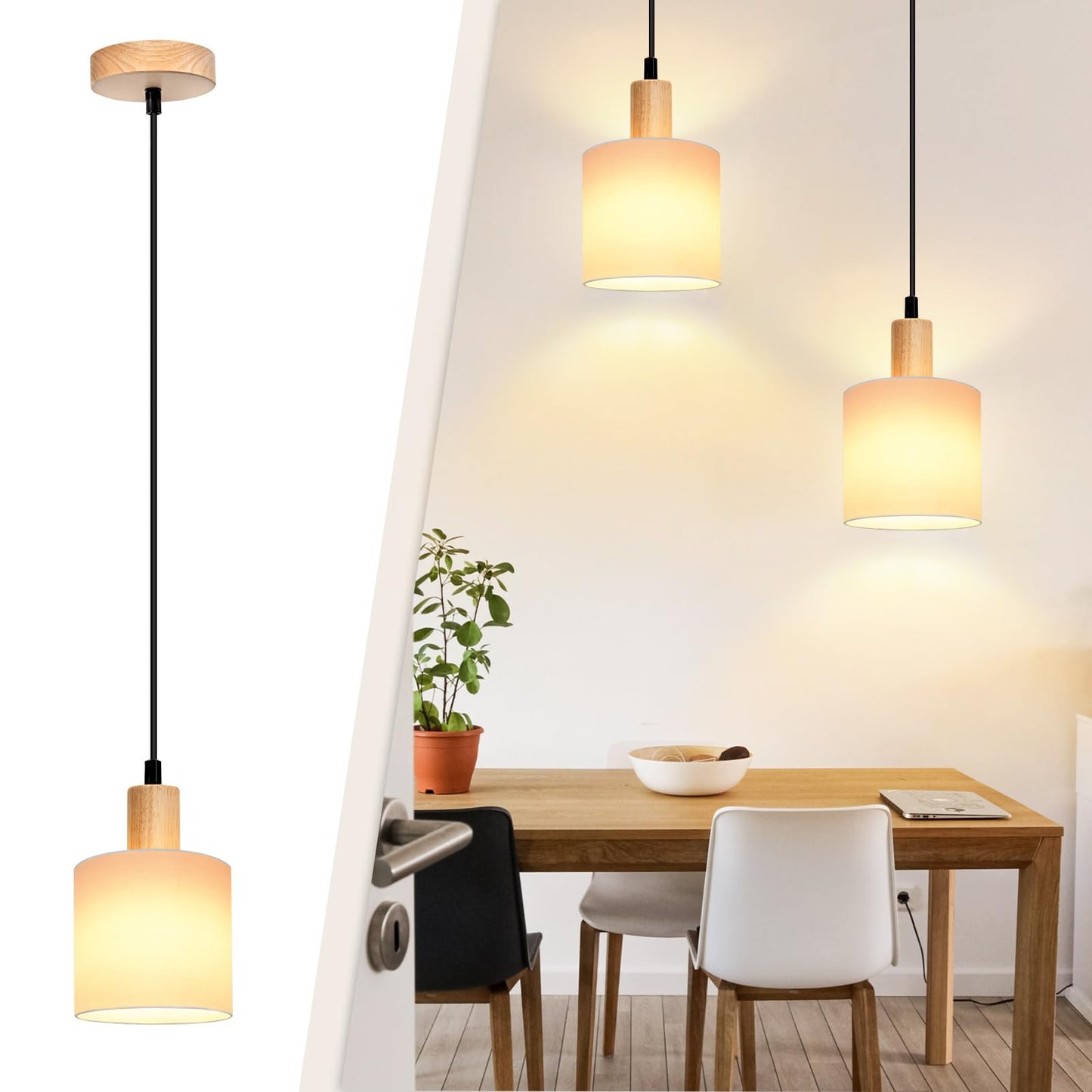 ZMH Pendelleuchte 1 Flammig 2ER Esstischlampe - Holz Stoffschrim Hängeleuchte E14 Esszimmerlampe Vintage Hängelampe Küche Pendellampe Flurlampe für Wohnzimmer Restaurant Schlafzimmer Flur