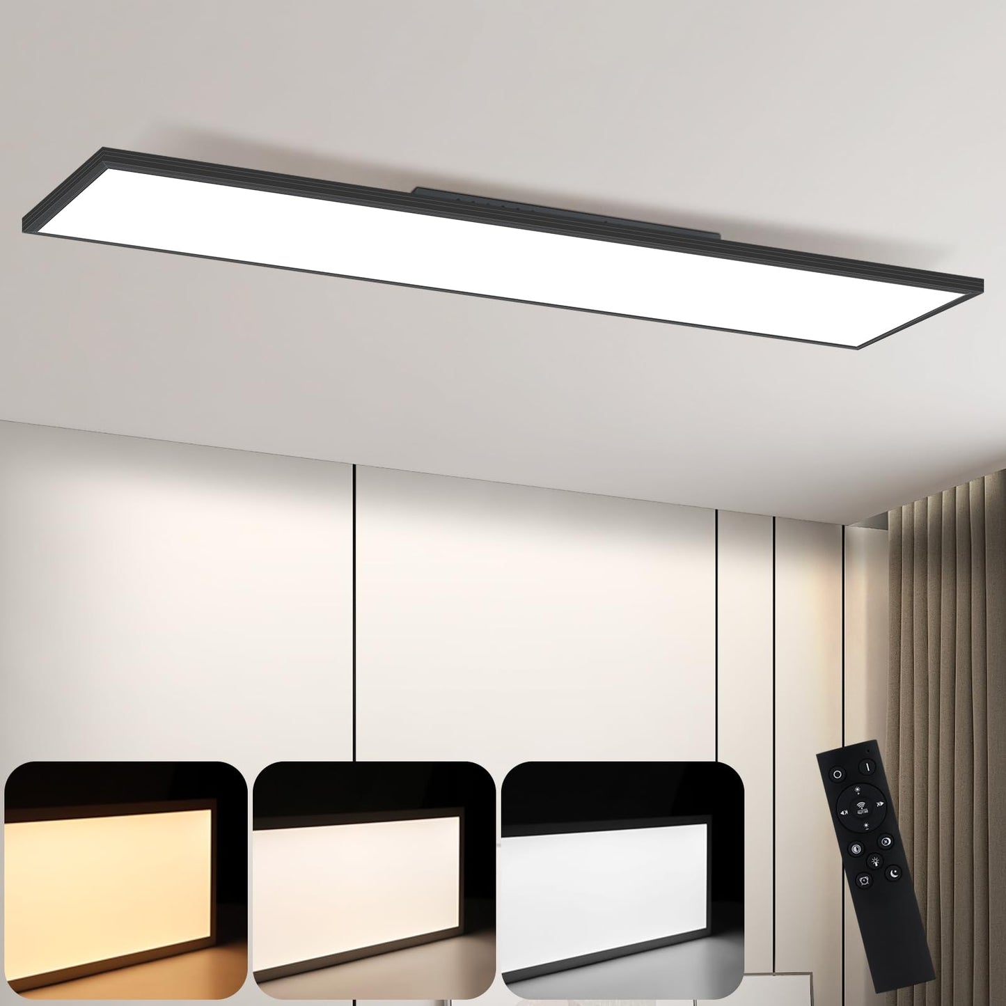 ZMH LED Panel Schwarz Deckenleuchte Dimmbar - Flach Deckenlampe Büro mit Fernbedienung Modern Wohnzimmerlampe 100x25CM Küchenlampe 42W Deckenpanel Schwarz Büroleuchte für Schlafzimmer Küche Flur