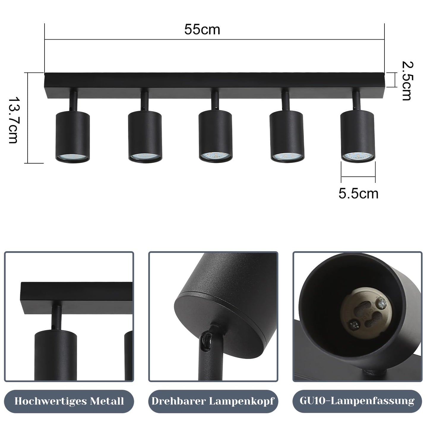 ZMH LED Deckenleuchte Schwarz Deckenstrahler: GU10 Deckenlampe Spots 5 Flammig 330°Schwenkbar Deckenspots Modern Flurlampe Industrial Wandstrahler für Wohnzimmer Schlafzimmer Küche Ohne Leuchtmittel