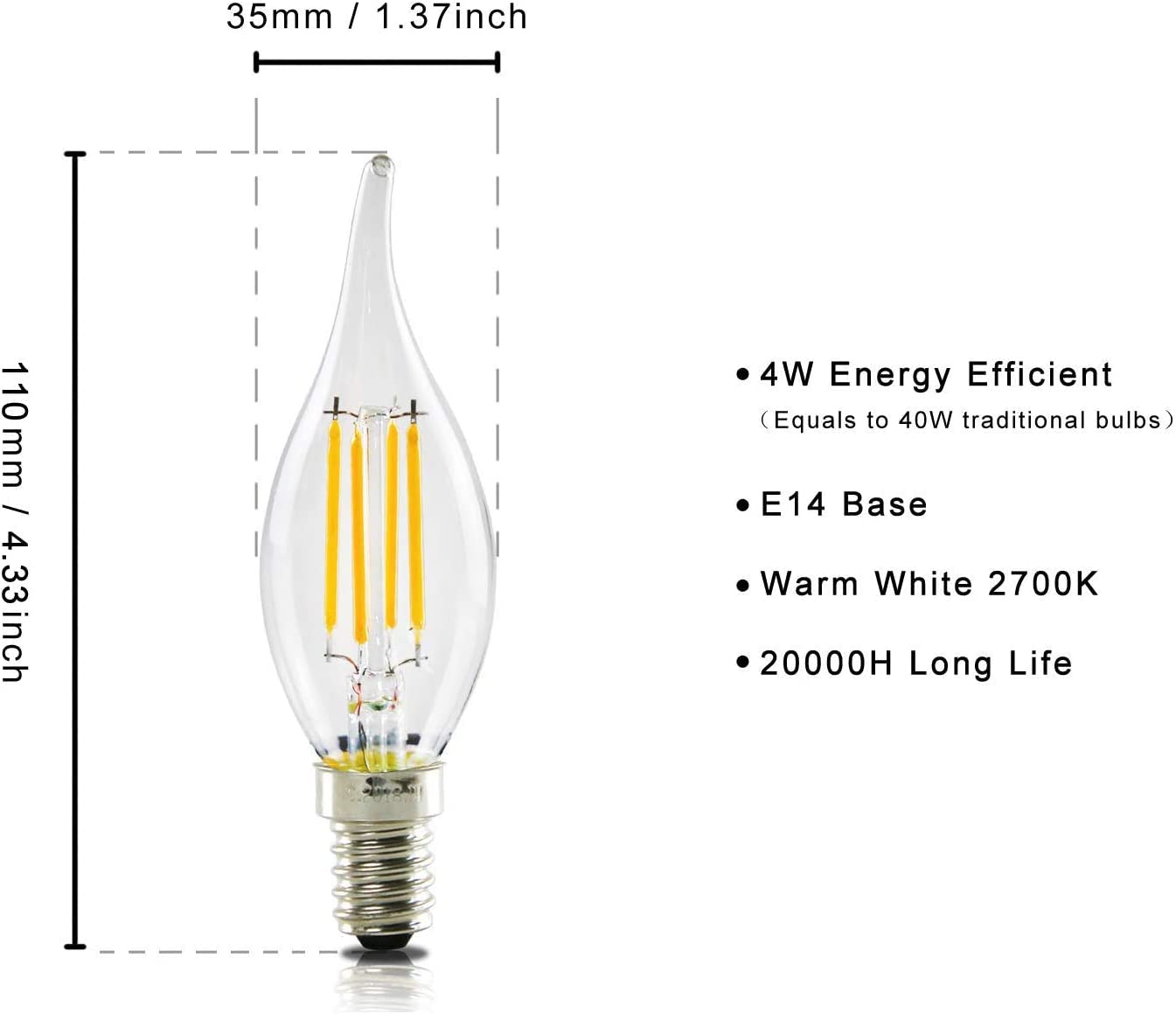 ZMH 6 er pack LED E14 Glühbirne Leuchtmittel: Lampe Warmweiß kerze Birne 4W 2700K Filament Retro Edison Glühlampe Vintage Light Bulb Glas Energiesparlampe - Nicht Dimmbar