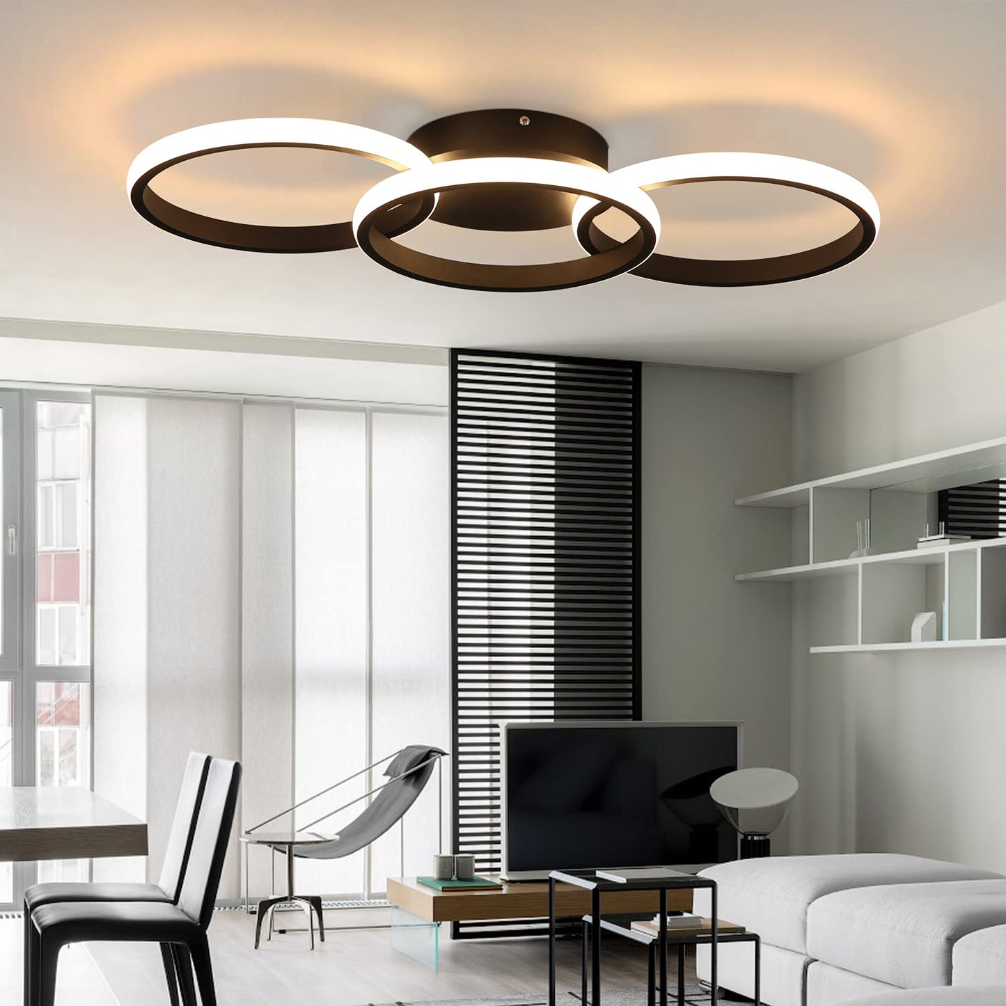 ZMH Deckenlampe Schwarz LED Deckenleuchte Wohnzimmer - Deckenlampe Flur Modern Design mit 3 Metall Ringe 3000K Warmweiße Küchenlampe - 36W Schlafzimmerlampe Wohnzimmerlampe