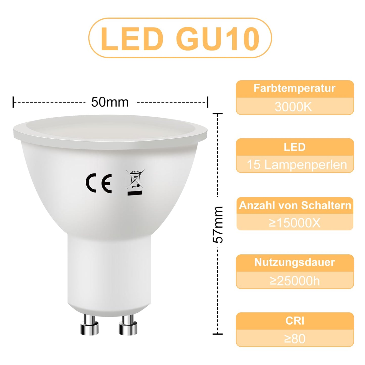 ZMH GU10 LED Warmweiss - LED Lampen 3000K Warmweiß 6W Leuchtmittel Ersetzt 60W Glühlampen Energiesparlampe Abstrahlwinkel 110° Glühbirne Nicht Dimmbar GU10 Reflektor Strahler Spot - 10er Pack