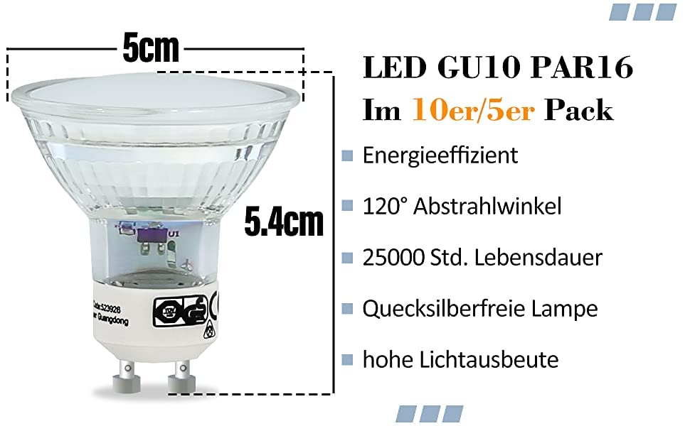 ZMH 10ER GU10 LED Leuchtmittel Warmweiß Lampe 3W 240LM Glühlampe PAR16 Glühbirne Einbaustrahler Abstrahlwinkel 120 ° 3000K Küchenlampe für Deckenstrahler Deckenspot Wandspot Wohnzimmer