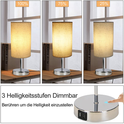 ZMH Nachttischlampe Touch Dimmbar 2er - Tischlampe E27 USB Ladefunktion Wohnzimmer Chrom mit Stoff Lampenschirm für Schlafzimmer Wohnzimmer Nachttisch Schreibtisch Leuchtmittel nicht enthalten