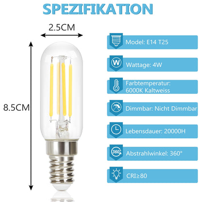 ZMH 2er pack E14 LED Kaltweiß Glühbirnen Vintage - T25 LED Leuchtmittel Lampe 6000K Birnen 4W Energiesparlampe Light Bulbs Edison Glühlampen Filament Dunstabzugshaube Glas 360° Abstrahlwinkel