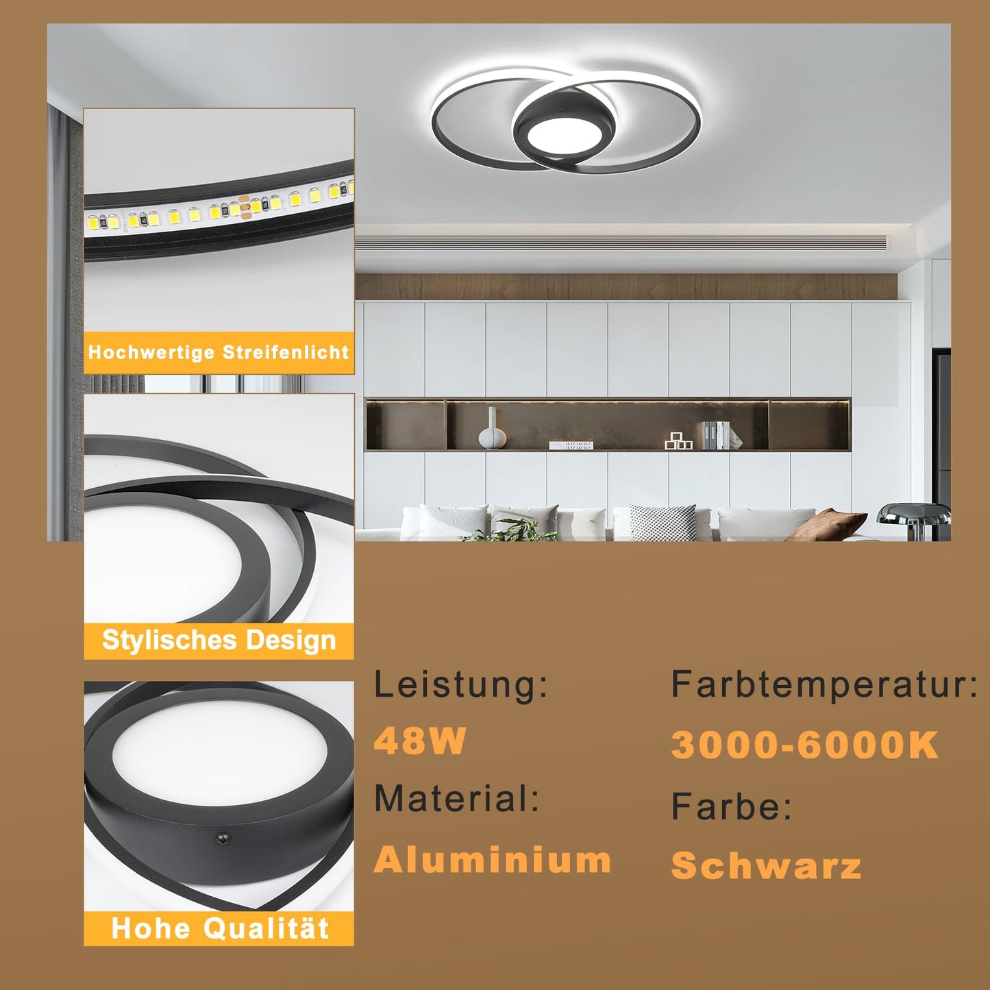 ZMH Deckenleuchte LED Wohnzimmerlampe Modern - Deckenlampe 48W mit Fernbedienung Schwarz Schlafzimmerlampe für Wohnzimmer Schlafzimmer