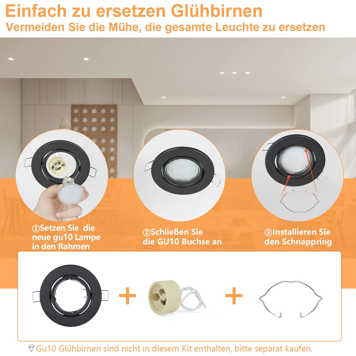 ZMH 12er LED Einbaustrahler GU10 Einbaurahmen - Einbauleuchten Spots Schwenkbar 30° Rund Einbauspots inkl. GU10 Fassung Chrom Halogen Rahmen geeignet für LED Leuchtmitte