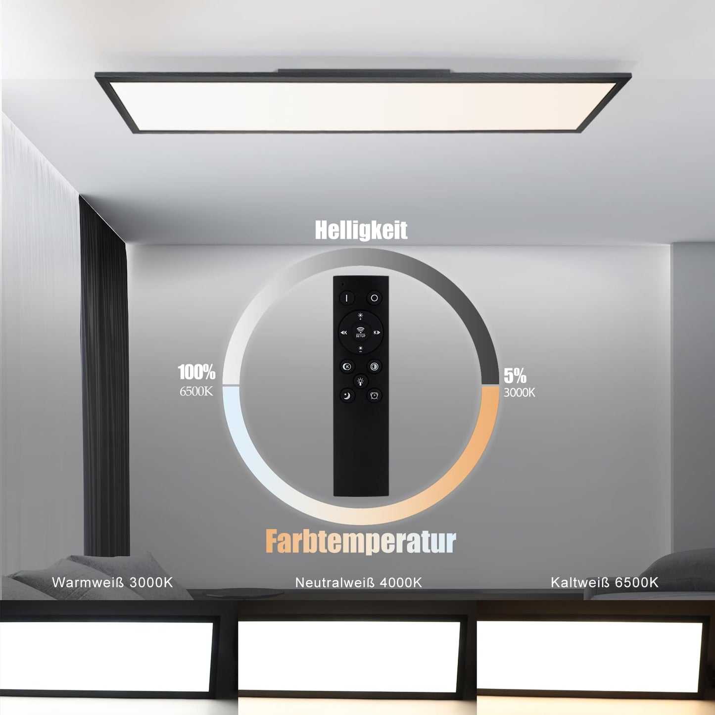 ZMH LED Panel Schwarz Deckenleuchte Dimmbar - Flach Deckenlampe Büro mit Fernbedienung Modern Wohnzimmerlampe 100x25CM Küchenlampe 42W Deckenpanel Schwarz Büroleuchte für Schlafzimmer Küche Flur