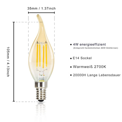 ZMH 6 Stück LED E14 Glühbirne Leuchtmittel: Lampe Warmweiß kerze Birne 4W 2700K Filament Retro Edison Glühlampe Vintage Light Weihnachten Bulb Glas Energiesparlampe