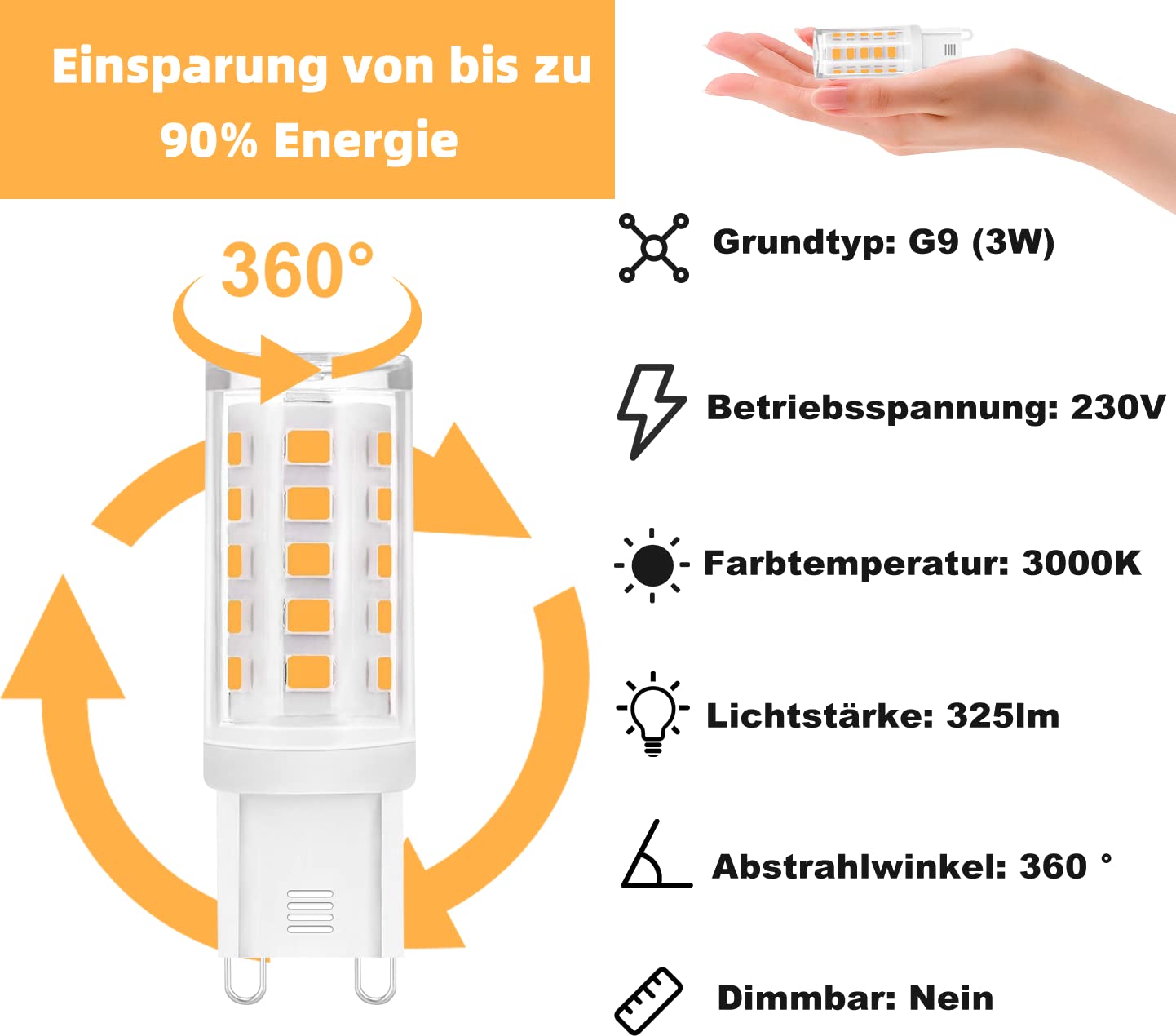 ZMH 10er pack G9 Led Leuchtmittel - Warmweiß 3000K LED Lampe 230V Glühbirne 3W Ersatz 28W 30W 40W Halogenlampe, G9 Sockel Glühlampe, Klein Birne Energiesparlampe, Nicht Dimmbar