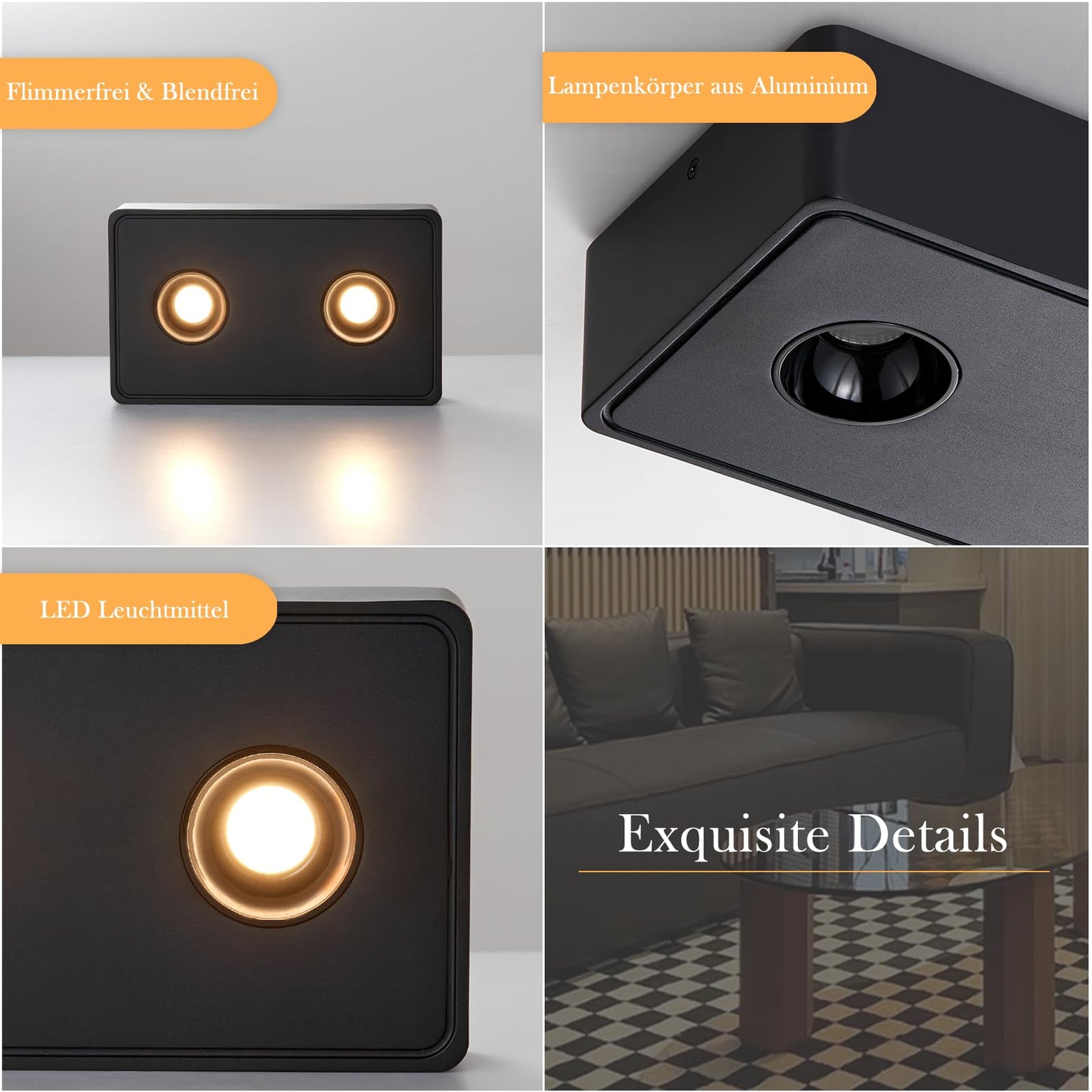 ZMH Spots Deckenleuchte LED Aufputz - Schwarz Aufbaustrahler mit 2 Flammig Deckenspots 14W Warmwei? Deckenstrahler Eckig Modern Spotbaken Flach Aufbauspot f¨¹r K¨¹che Wohnzimmer Esszimmer Korridor Flur