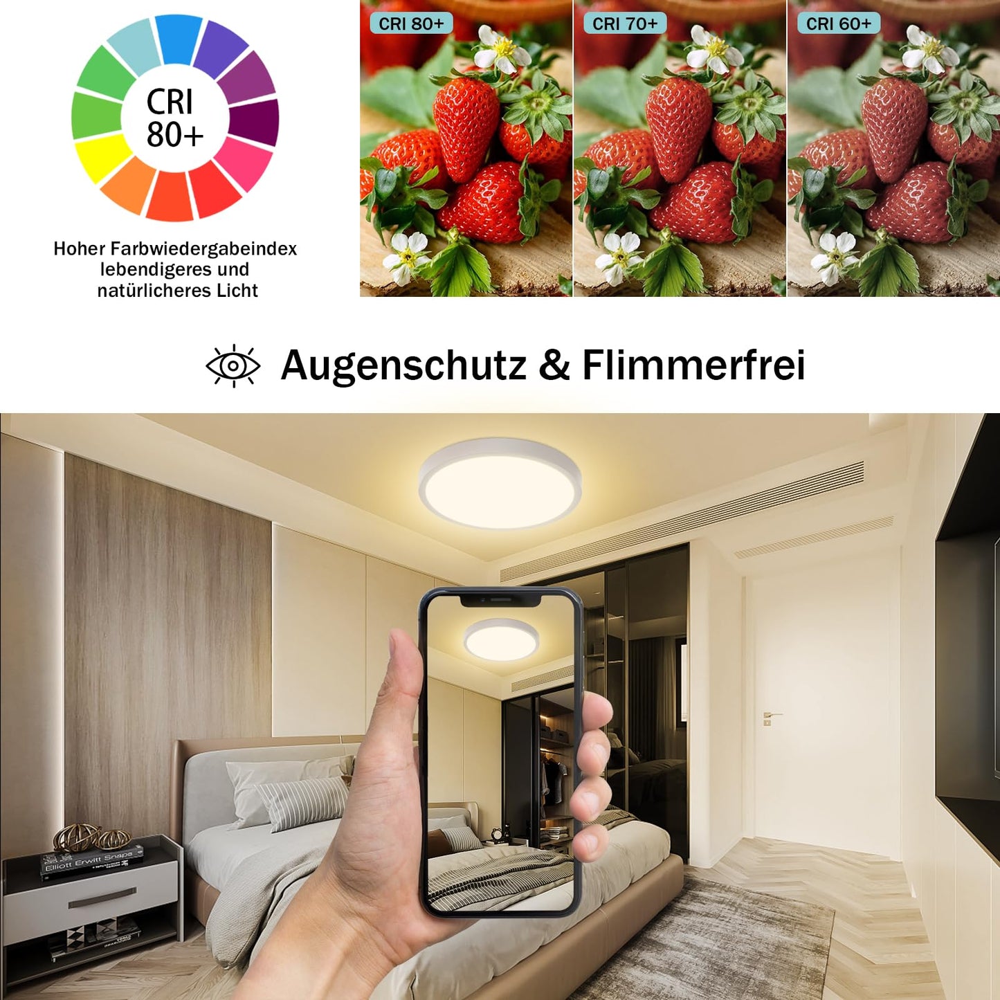 ZMH LED Deckenleuchte Flach Weiß - 24W Modern Badezimmerlampe 3000K Deckenlampe Rund 23CM IP44 Warmweiß Badlampe für Flur Balkon Badezimmer Küche Wohnzimmer