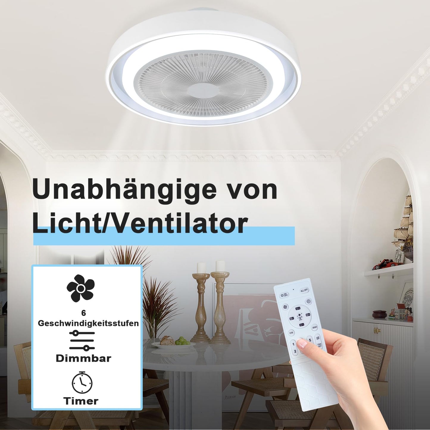 ZMH Deckenventilator mit Beleuchtung und Fernbedienung - Dimmbar LED Deckenleuchte mit Ventilator Lampe Decke Leise Modern Deckenlampe Blau 5 Flügeln Licht für Schlafzimmer Wohnzimmer Esszimmer