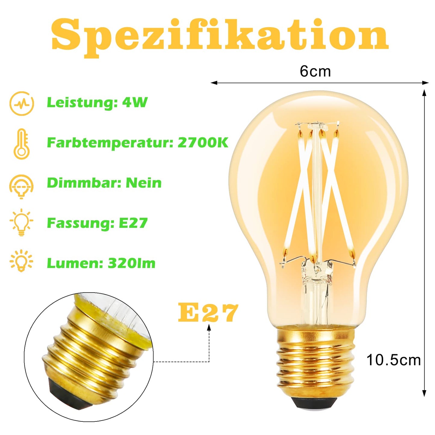 ZMH 6 Stück LED Glühbirne E27 Vintage Lampe - A60 Leuchtmittel 2700K 4W Edison Glühlampe Warmweiß Filament Retro Birne Glas Antike Energiesparlampe für Haus Hotel Café Bar