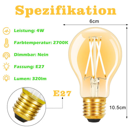 ZMH 6 Stück LED Glühbirne E27 Vintage Lampe - A60 Leuchtmittel 2700K 4W Edison Glühlampe Warmweiß Filament Retro Birne Glas Antike Energiesparlampe für Haus Hotel Café Bar