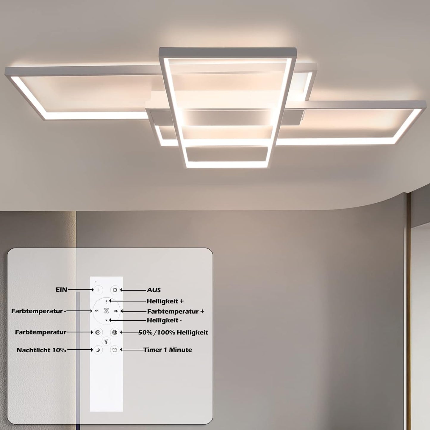 ZMH Deckenlampe LED Dimmbar Deckenleuchte: 65CM Weiß Wohnzimmerlampe 65W Modern Schlafzimmerlampe Geometrisch Küchenlampe Design Bürolampe mit Fernbedienung für Wohnzimmer Schlafzimmer Küche Büro