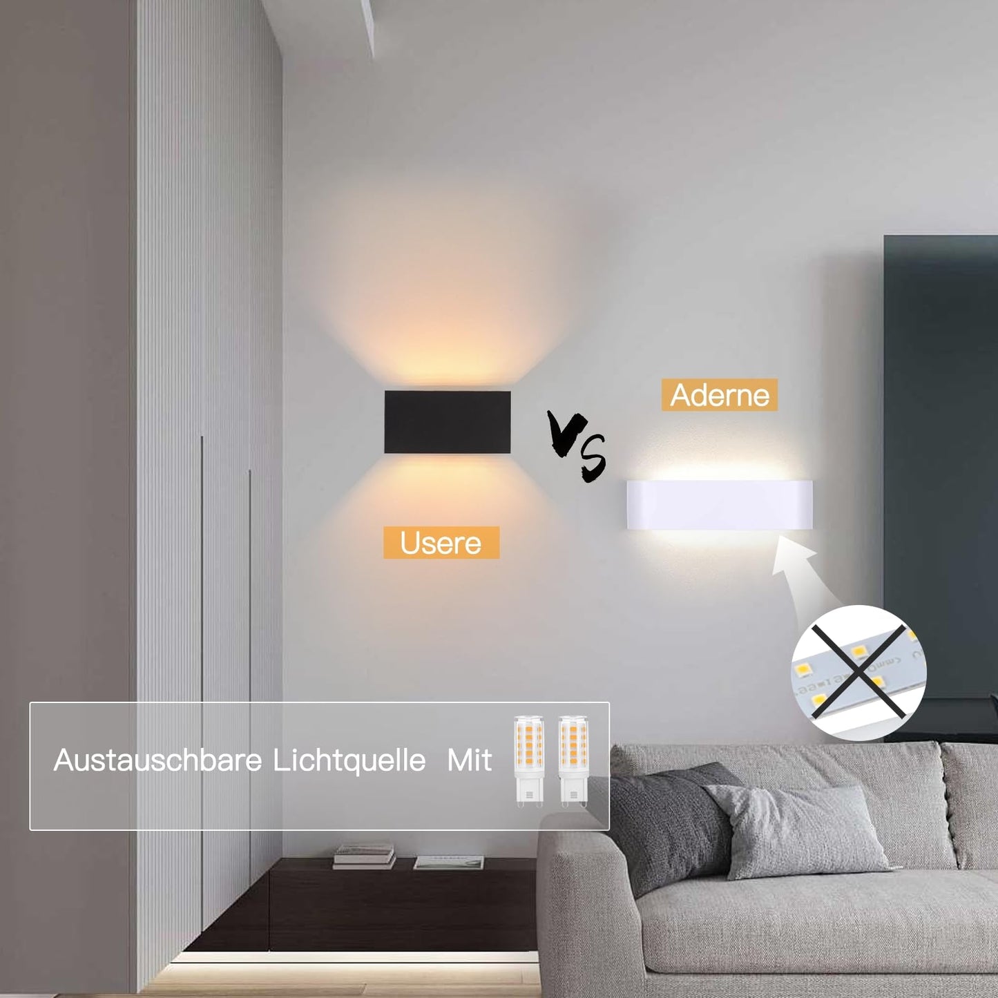 ZMH LED Wandleuchte Innen Wandlampe - Aussenlampe Schwarz Wandbeleuchtung Aussen Außenlampe Up Down IP65 Außenbeleuchtung 3000K Warmweiß Außenwandleuchte G9 für Hauswand Treppenhaus Flur Garten