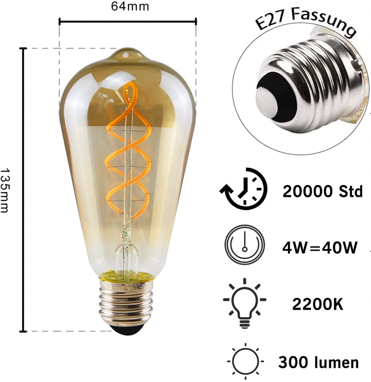 ZMH 1X Edison Glühbirne E27 LED Vintage - Retro Dekorative Leuchtmittel 4W - ST64 LED Spiral Filament Lampen 2200K Warmweiss Licht Antike Glas Glühlampe für Haus Café Bar Restaurant