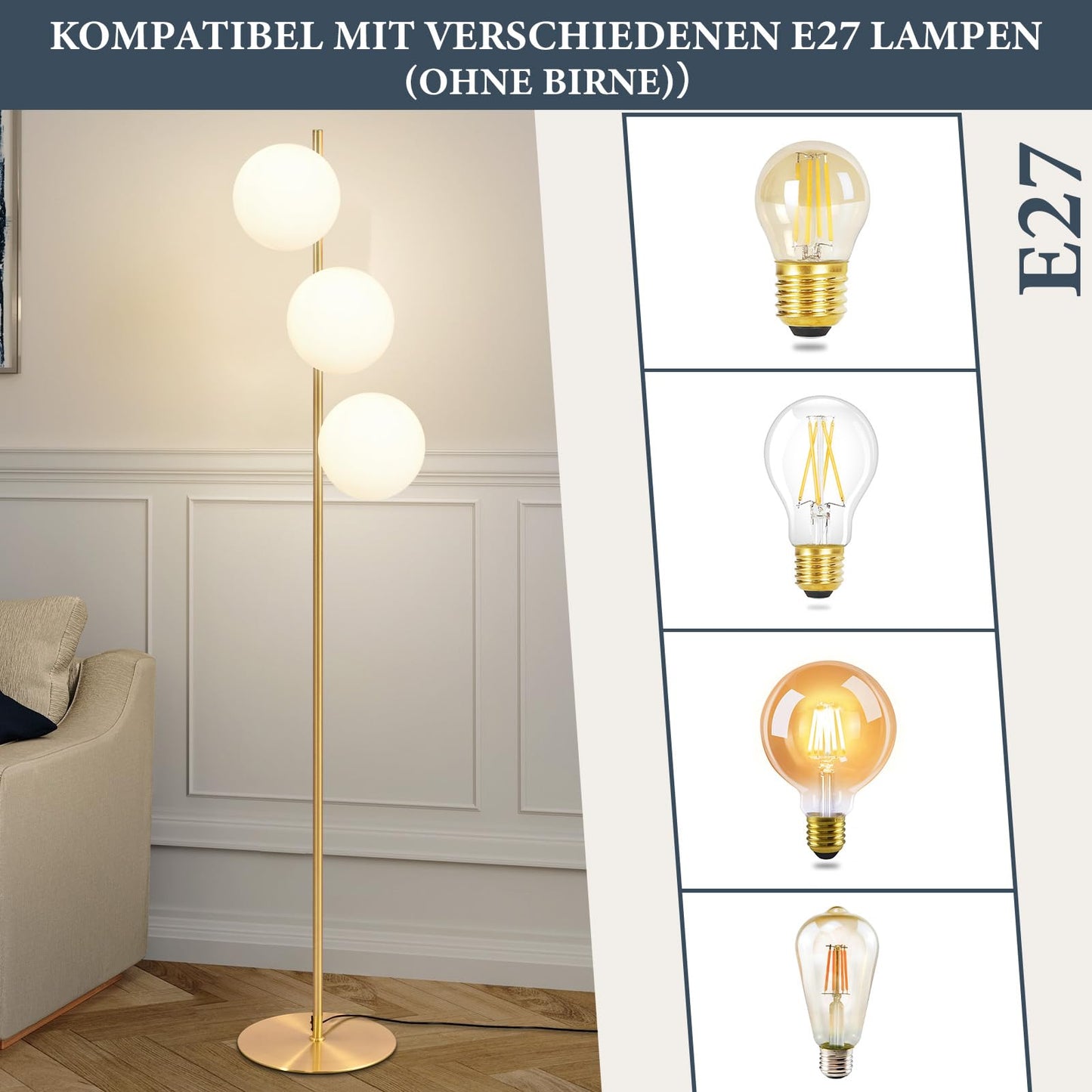 ZMH Stehlampe Wohnzimmer Modern Standleuchte - Gold Industrial Stehleuchte 3 Flammig mit Fußschalter Metall Design aus Weiß Glas Standlampe E27 Vintage Bodenlampe für Schlafzimmer Büro kinderzimmer