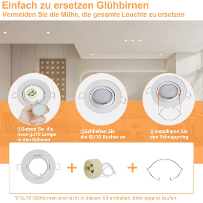 ZMH 6ER Einbaurahmen GU10 Set - Einbaustrahler Rahmen Einbauleuchte Weiß Fassungen 230V mit Sockel Lochdurchmesser 50mm Einbauspots Rund aus Metall Schwenkbar 30° Spot für LED Leuchtmittel Halogen