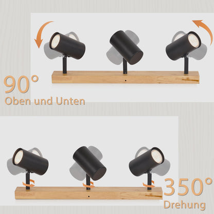 Deckenstrahler Schwarz 3 Flammig Flurlampe - Holz Deckenspots GU10 Vintage Retro Metall Deckenlampe Verstellbare 350¡ã f¨¹r Flur Schlafzimmer Wohnzimmer Arbeitszimmer Keine Leuchtmittel