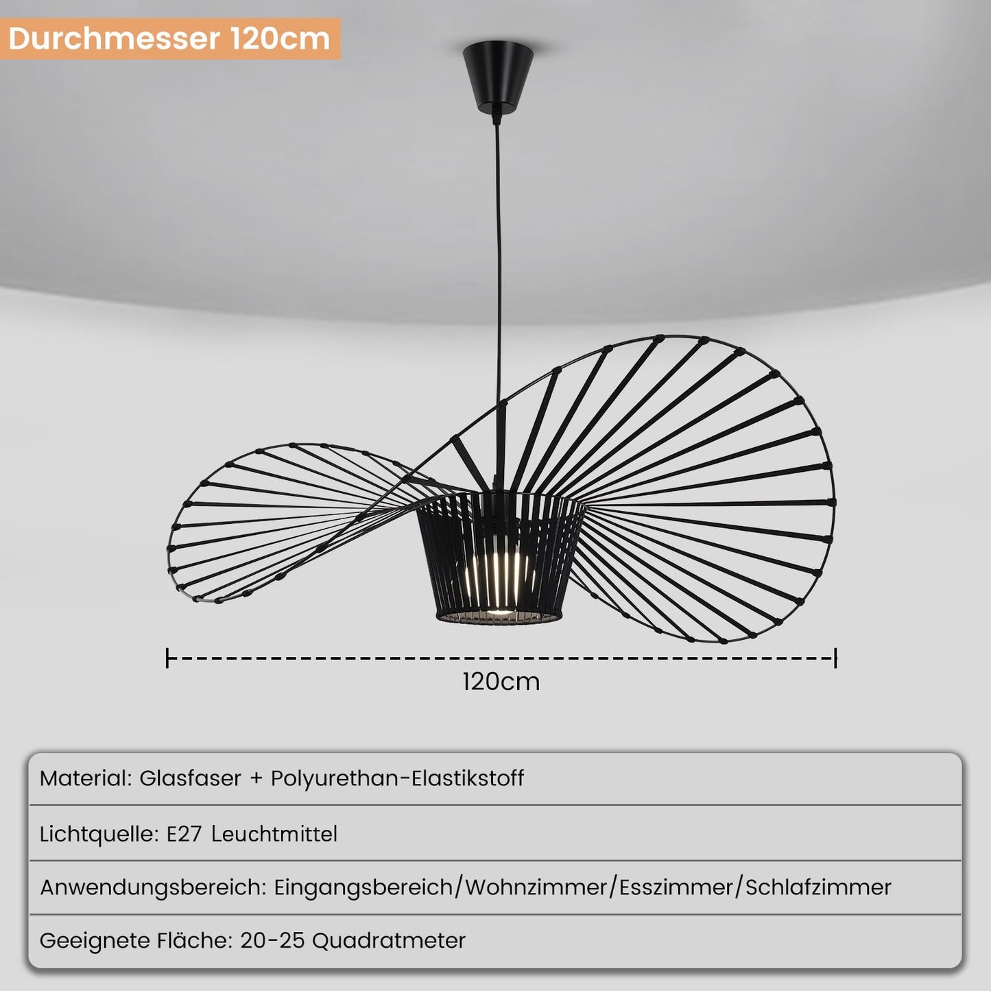 ZMH Kronleuchter Modern Hängelampe Schwarz - Pendelleuchte Wohnzimmer 120CM Pendellampe E27 Hutdesign-Hängeleuchte Höhenverstellbar Max. 40W ohne Leuchtmittel