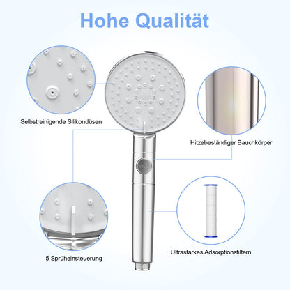 ZMH Duschkopf Wassersparend mit 1.5M Schlauch Brausehalterung - Handbrause Chrom Filter mit 5 Strahlarten Wasserstop, Druckerh?hende Regendusche Sparduschkopf