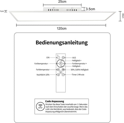 ZMH LED Deckenleuchte Dimmbar Panel Deckenlampe 120x30 cm mit Fernbedienung 48W Deckenpanel Wohnzimmerlampe 3840LM Modern Nachtlicht Schlafzimmerlampe Weiß Büroleuchte für Büro Küche flur