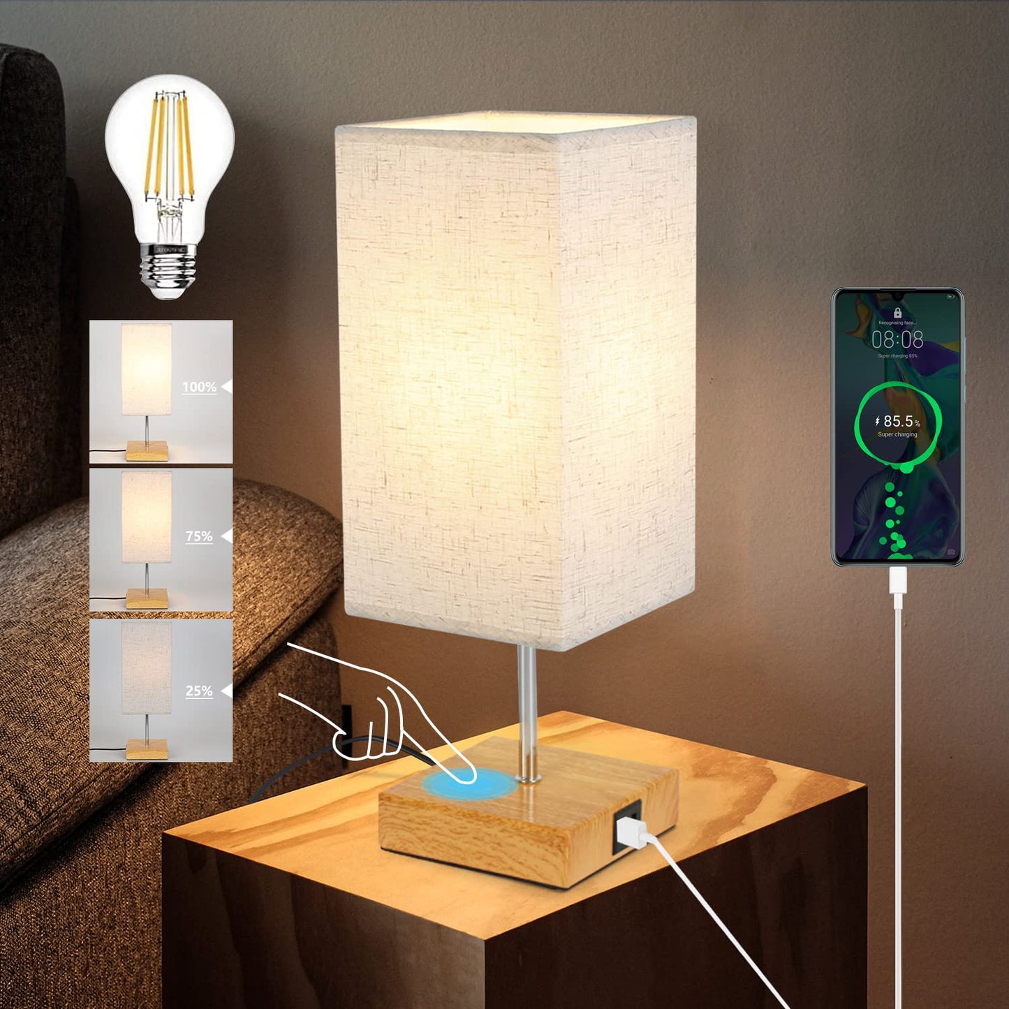 ZMH Tischlampe Dimmbar Touch Nachttischlampe - USB Vintage Schreibtischlampe mit Ladefunktion E27 Aufladbar Nachtlicht mit Stoff Lampenschirm für Schlafzimmer Geschenk Esszimmer Wohnzimmer