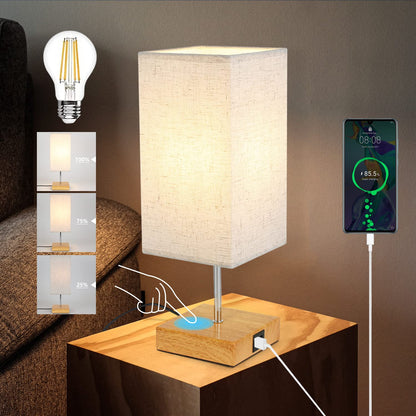 ZMH Tischlampe Dimmbar Touch Nachttischlampe - USB Vintage Schreibtischlampe mit Ladefunktion E27 Aufladbar Nachtlicht mit Stoff Lampenschirm für Schlafzimmer Geschenk Esszimmer Wohnzimmer