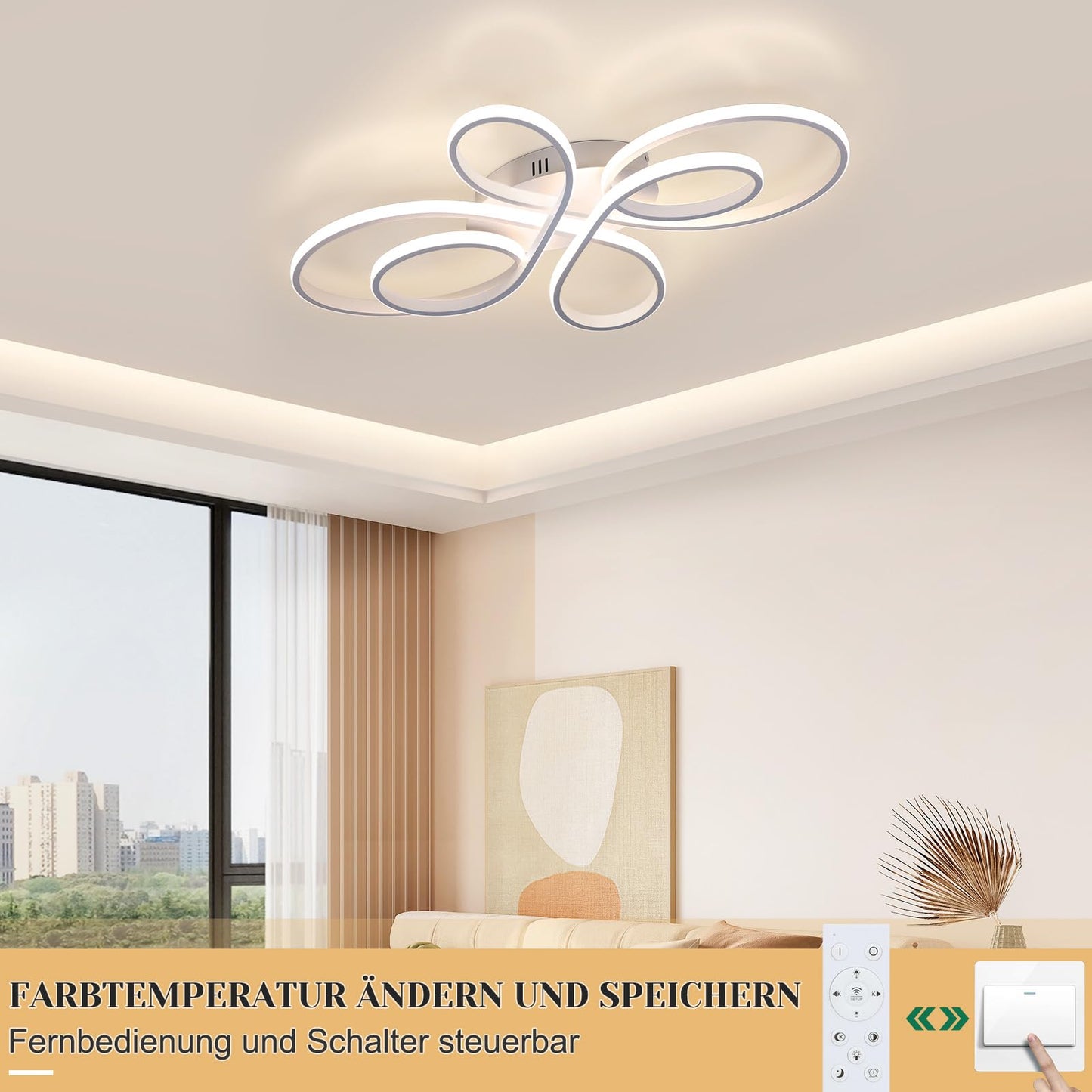 ZMH Deckenlampe LED Deckenleuchte Dimmbar - Wohnzimmerlampe 80cm Wohnzimmer 78W Modern Schlafzimmerlampe Schlafzimmer Weiß mit Fernbedienung Design Deckenbeleuchtung Groß für Esszimmer Büro Küche