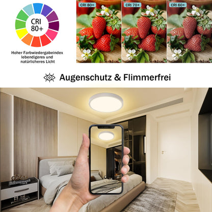 ZMH LED Deckenleuchte Flach Weiß - 24W Modern Badezimmerlampe 3000K Deckenlampe Rund 23CM IP44 Warmweiß Badlampe für Flur Balkon Badezimmer Küche Wohnzimmer