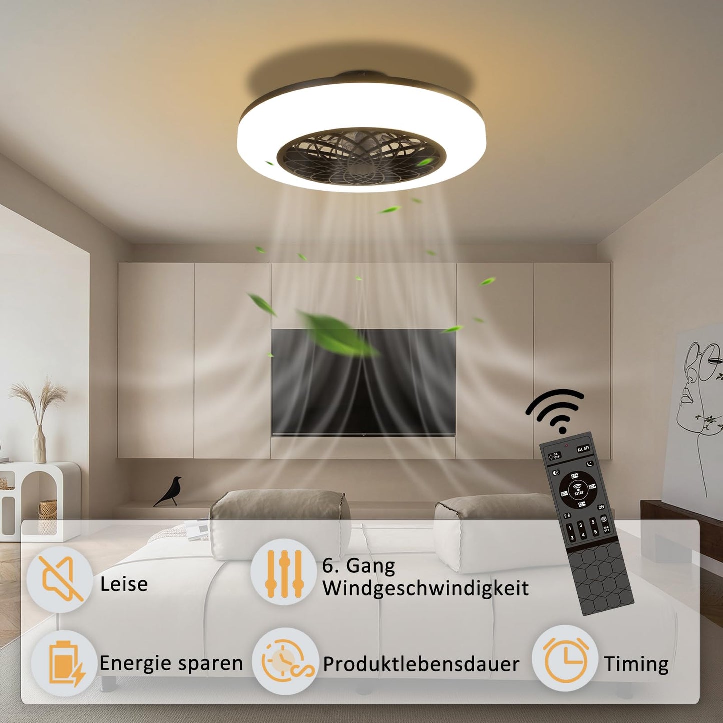 ZMH Led Deckenventilator mit Beleuchtung - 49.5CM Modern Groß Deckenlampe Fan Leise Deckenleuchte mit Ventilator Fernbedienung Wohnzimmerlampe Dimmbar für Wohnzimmer Schlafzimmer Küche Esszimmer