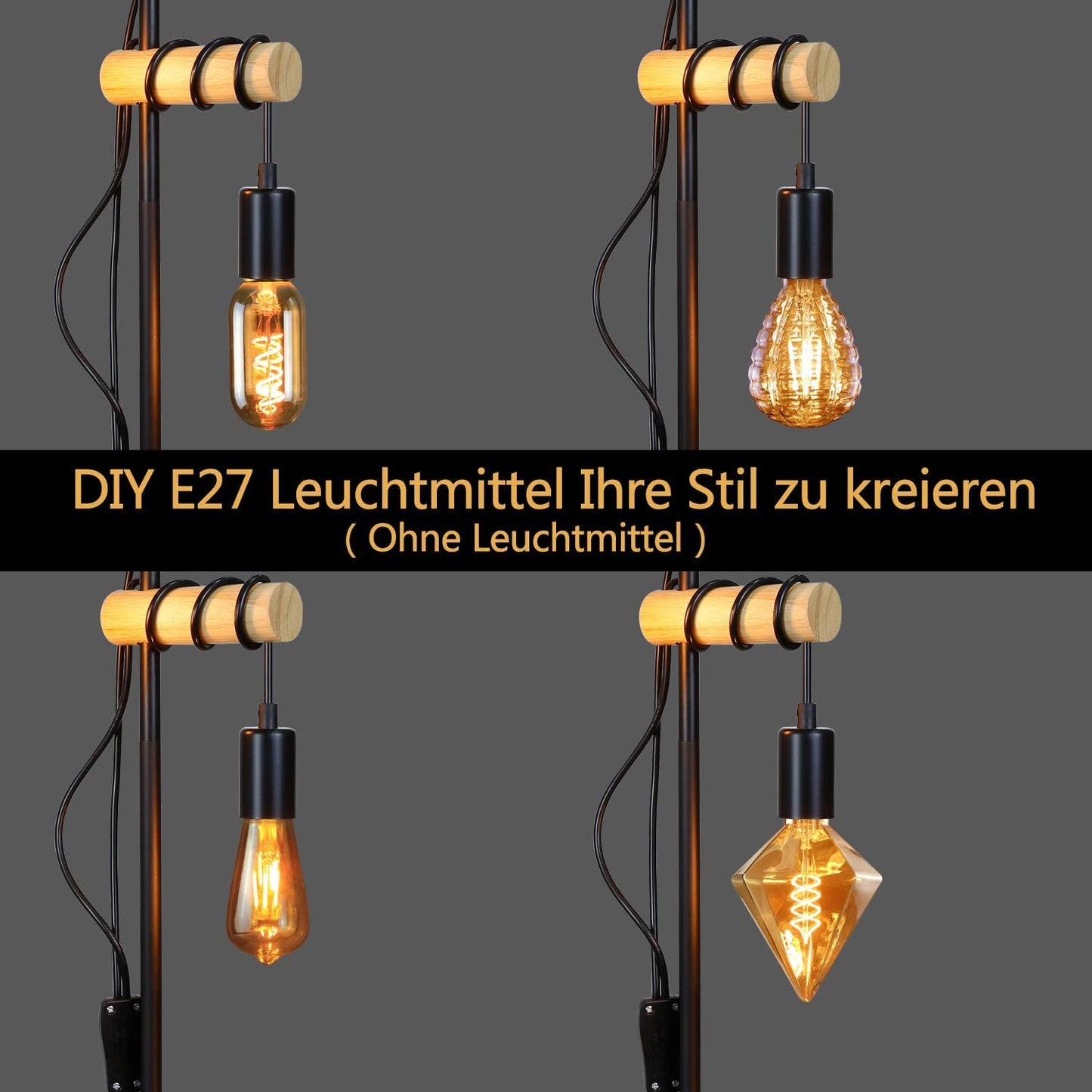 ZMH Stehlampe Wohnzimmer Vintage Stehleuchte Holz - Schwarz Industrial Standleuchte mit E27 2 Flammige Schwenkbar 180° Standlampe mit Schalter für Schlafzimmer Büro Arbeitzimmer - Ohne Leuchtmittel