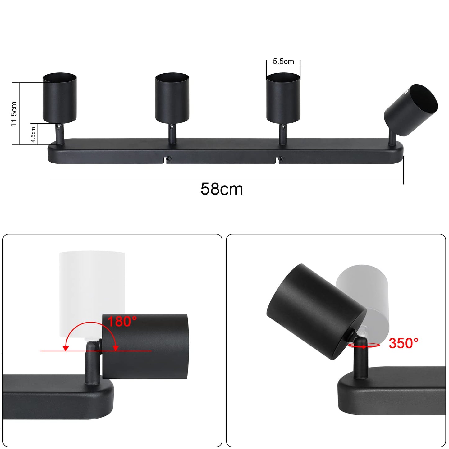 ZMH Deckenleuchte mit 4 Flammig Schwarz Deckenstrahler - Deckenlampe Wohnzimmer Modern GU10 Deckenspots Metall Schwenkbar Design Wohnzimmerlampe für Flur Schlafzimmer Gänge Esszimmer - Ohne Glühbirne