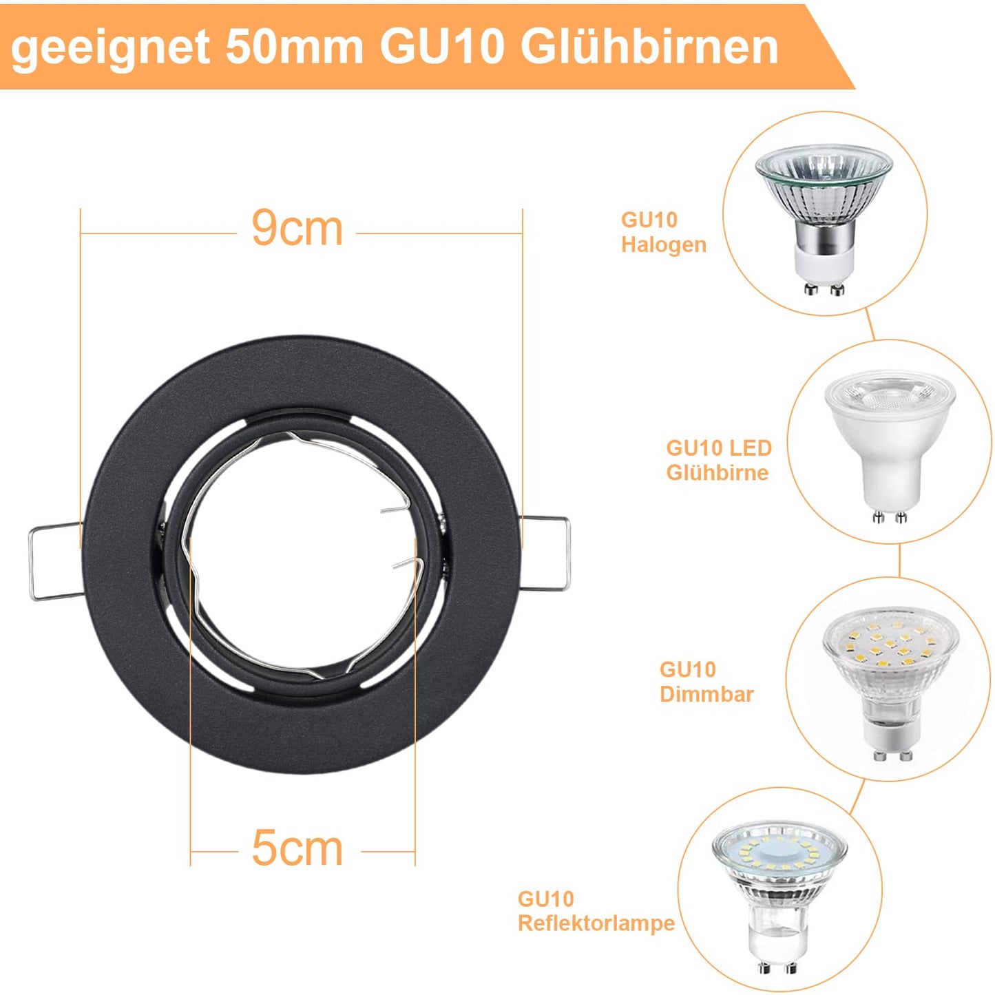 ZMH 6ER Einbaurahmen GU10 Set - Einbaustrahler Schwarz Einbauleuchte Rahmen GU10 Fassungen 230V mit Sockel Lochdurchmesser 50mm Einbauspots Schwenkbar 30° Spot für LED Leuchtmittel Halogen